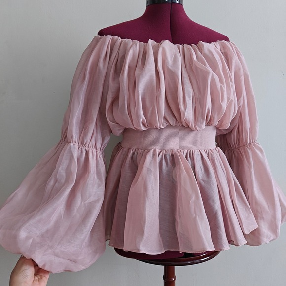 AKIRA Tops - Akira Dusty Pink Off Shoulder Smocked Peplum Blouse Ruched Lantern Sleeve Small